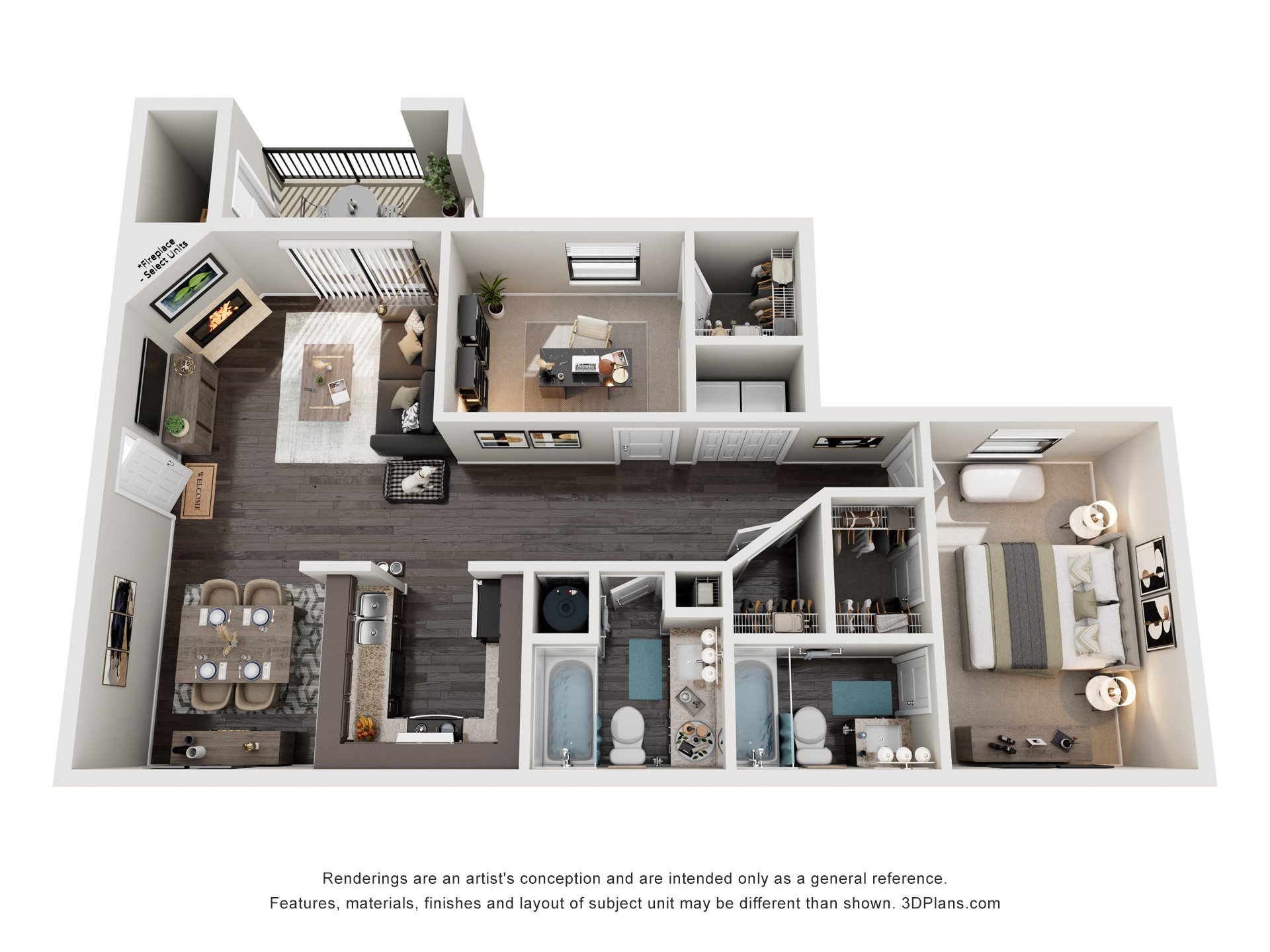 Floor plan for 2 beds, 2 baths, 1317 sqft